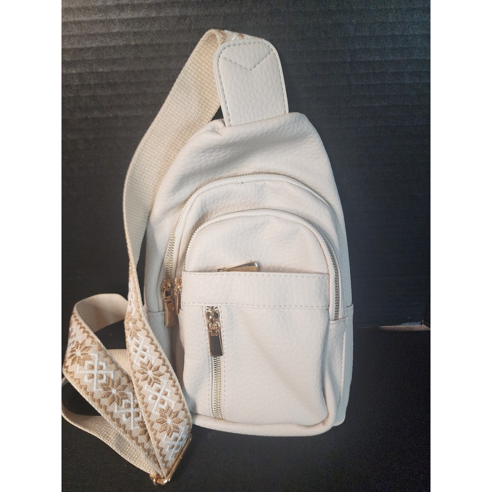 Cream Pebbled Vegan Leather Sling Bag Boho Embroidered Strap Crossbody